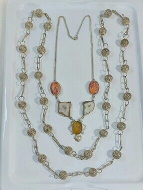 Silver Tone Natural Stone Necklace Strand Set